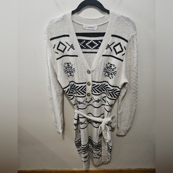 Lucky Brand Ivory Black Soft Midi Vneck Holiday Winter Sweater Dress Medium - Picture 1 of 15